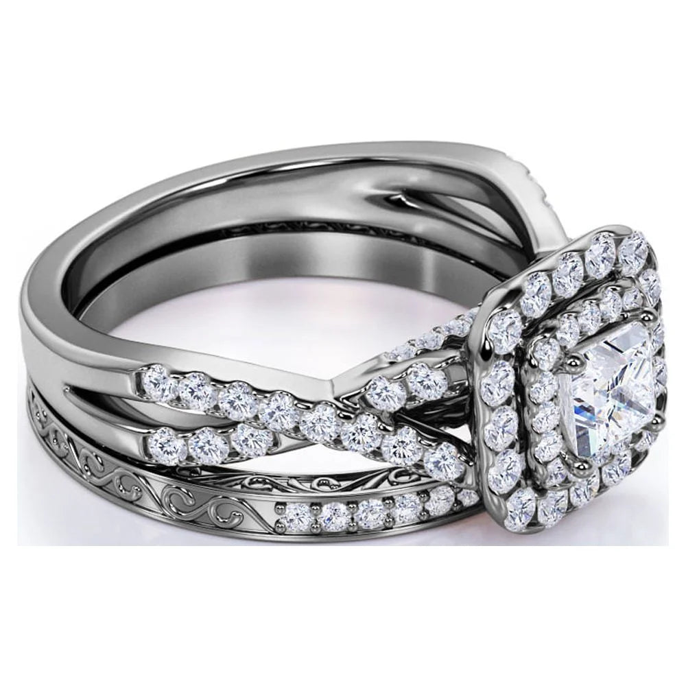 Square Diamond - Double Halo - Twisted Band - Vintage Inspired - Pave - Wedding Ring Set in 10K White Gold