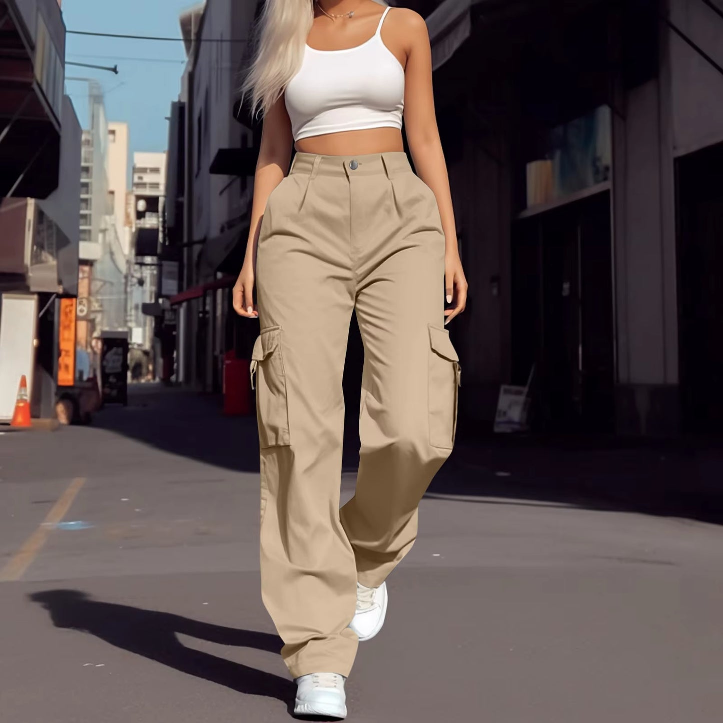 2024 Trendy Women Wide Leg Cargo Pants Street Vibes Flap Pockets Drawstring Ruched High Waist Parachute Women Pants